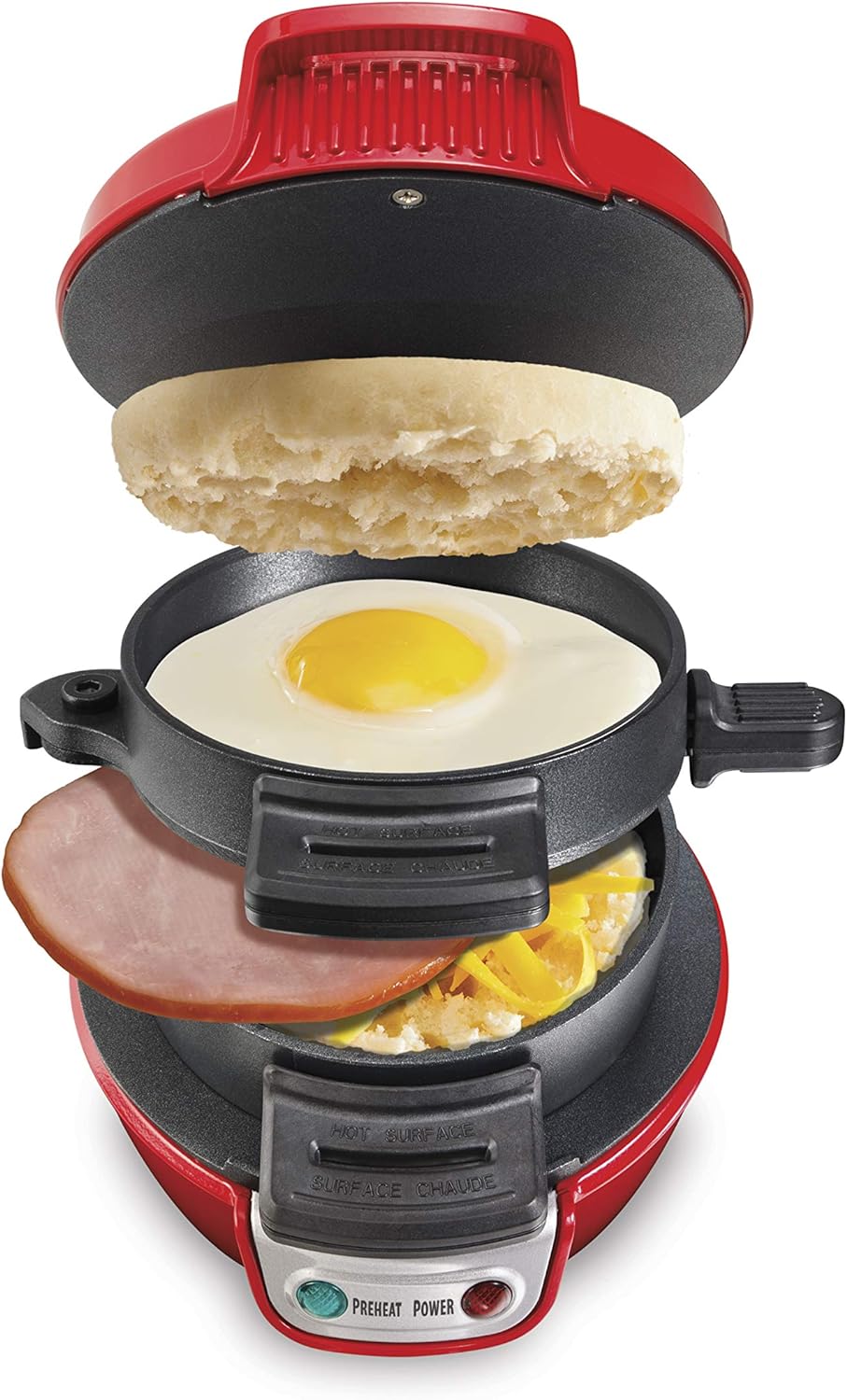 Hamilton Beach Breakfast Sandwich Maker with Egg Cooker Ring, Customize Ingredients, Perfect for English Muffins, Croissants, Mini Waffles, Dorm Room Essentials, Red (25476)