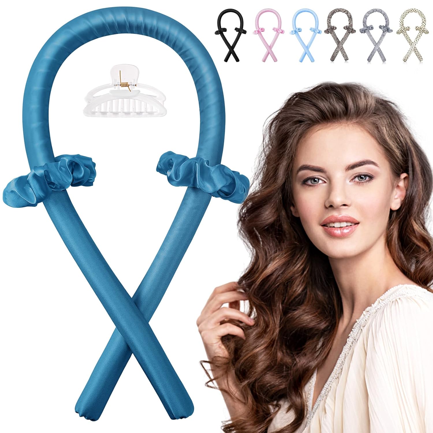 Heatless Hair Curler - IENIN Heatless Curling Rod Headband Hair Rollers for Long Hair Soft Silk Curl Ribbon with Hair Clips Scrunchies Hair Curlers to Sleep in Styling Tools(Darkblue)