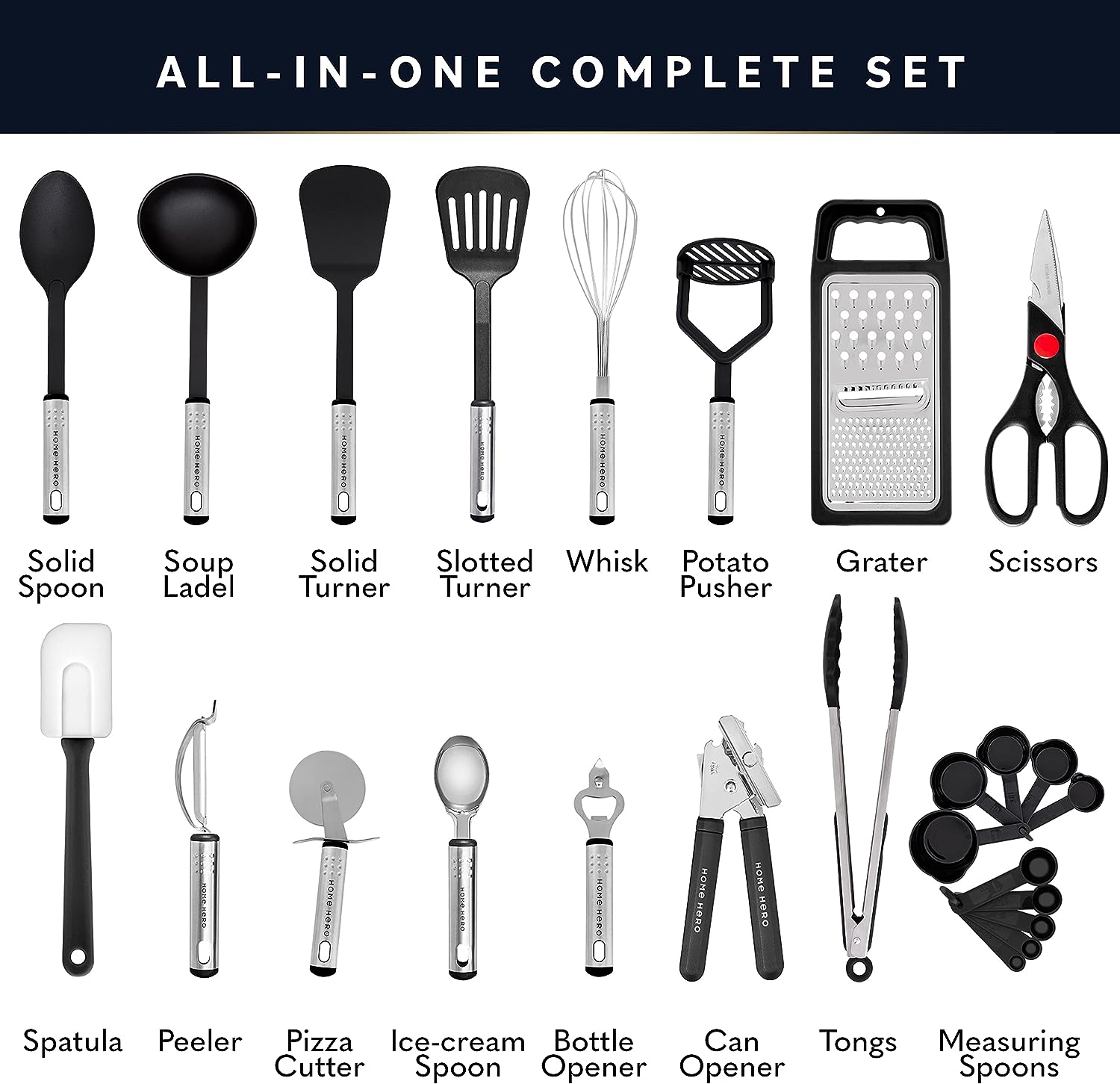 Home Hero Kitchen Utensils Set - Cooking Utensils Set with Spatula - First Home Essentials Utensil Sets - Household Essentials - Kitchen Gadgets  Kitchen Tool Gift (25 Pcs Set - Black)