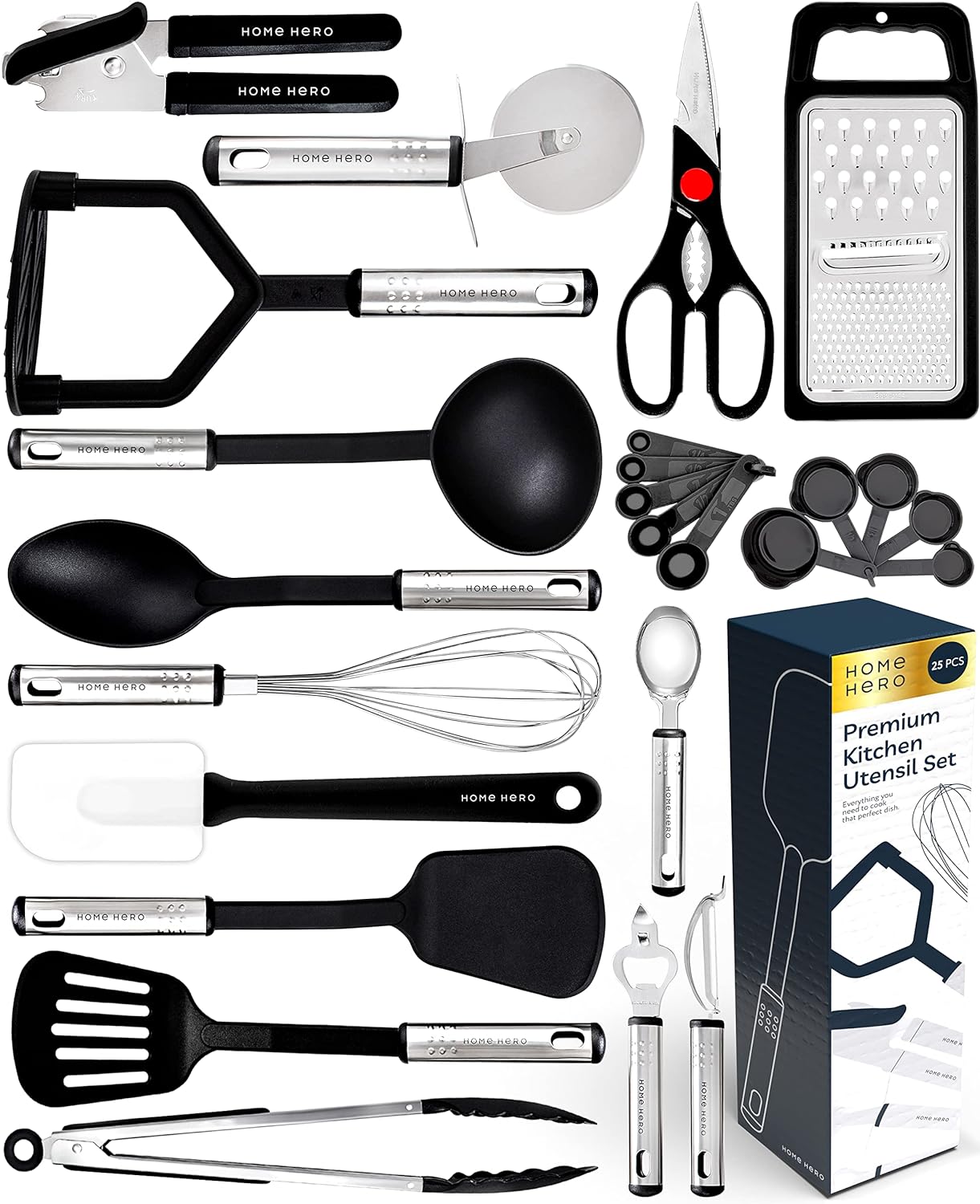 Home Hero Kitchen Utensils Set - Cooking Utensils Set with Spatula - First Home Essentials Utensil Sets - Household Essentials - Kitchen Gadgets  Kitchen Tool Gift (25 Pcs Set - Black)
