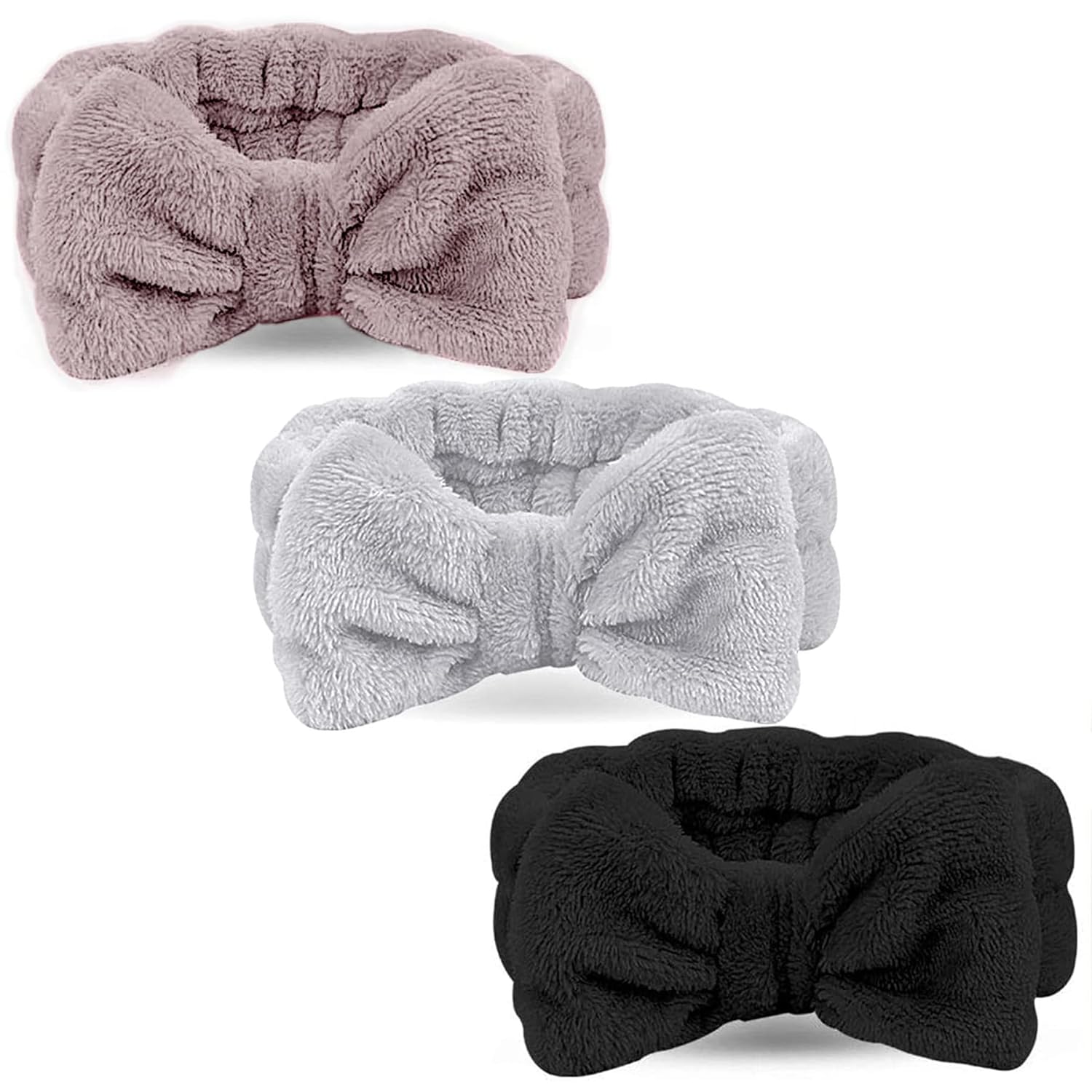 LADES Spa Headband - 3 Pack Bow Hair Band Women Facial Makeup Head Band Soft Coral Fleece Head Wraps For Shower Washing Face (Black+white+pink)