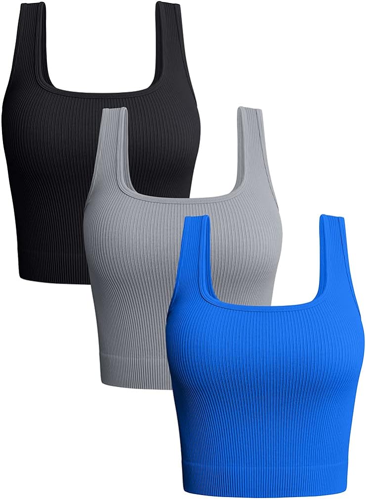 OQQ Womens 3 Piece Tank Tops Ribbed Seamless Workout Exercise Shirts Yoga Crop Tops