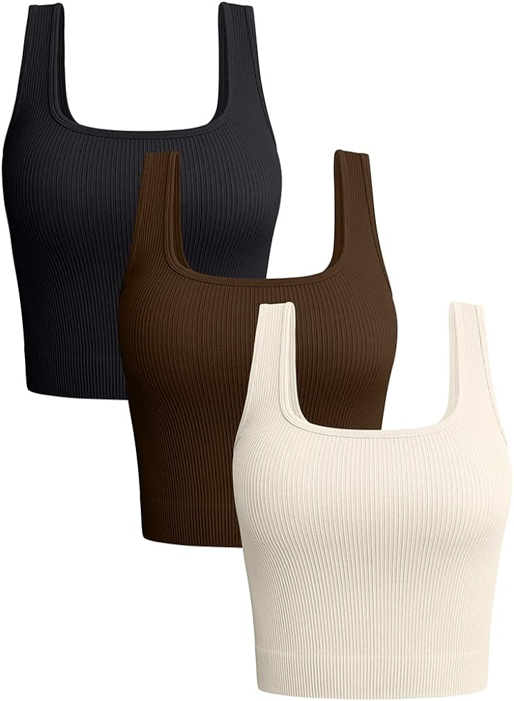 OQQ Womens 3 Piece Tank Tops Ribbed Seamless Workout Exercise Shirts Yoga Crop Tops