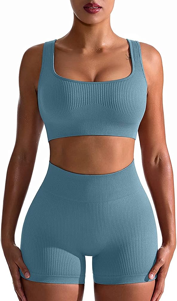 OQQ Workout Outfits for Women 2 Piece Seamless Ribbed High Waist Leggings with Sports Bra Exercise Set…