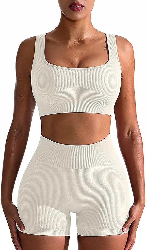 OQQ Workout Outfits for Women 2 Piece Seamless Ribbed High Waist Leggings with Sports Bra Exercise Set…