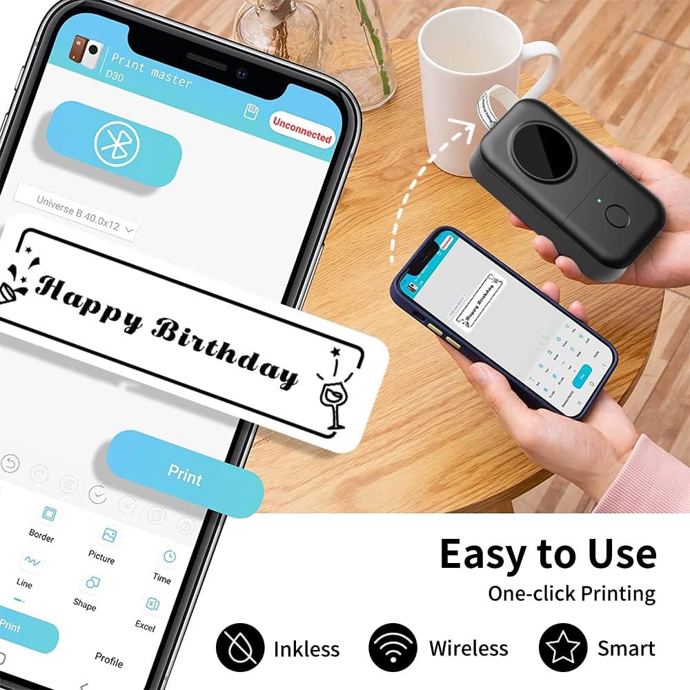 Phomemo D30 Mini Thermal Label Printer Portable Sticker Maker, Bluetooth Inkless Label Makers for HomeSmall BusinessProductsOrganizing Work for 0.23 0.35 0.47 inch 12mm Tape