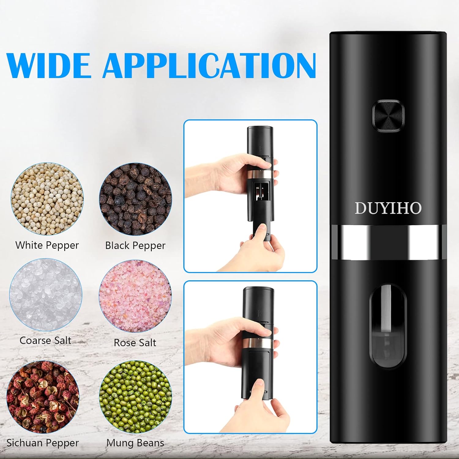 Rechargeable Electric Salt and Pepper Grinder Set with Double Charging Base, Support Battery Operated, Refillable Spice Automatic Mill Shakers Set with Adjustable Coarseness  LED Light