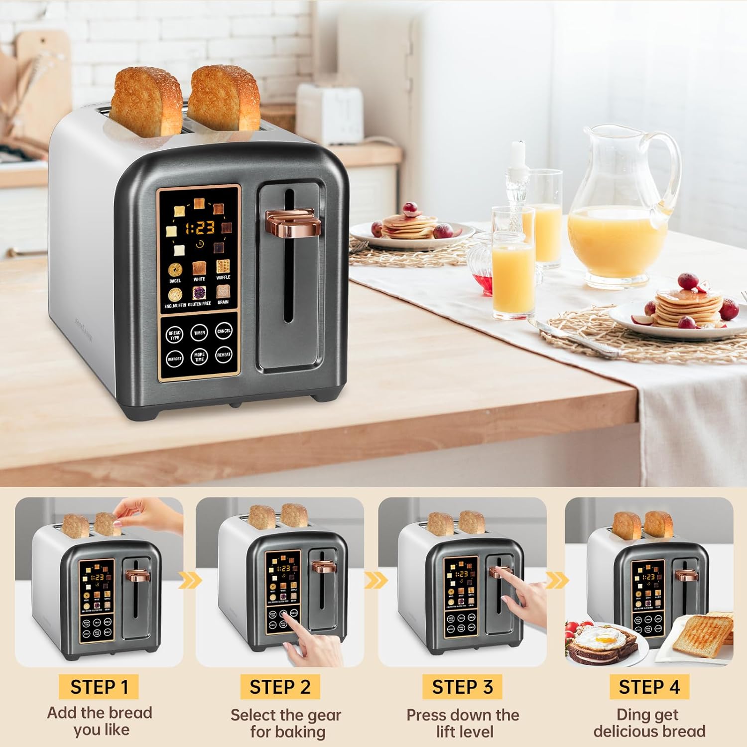 SEEDEEM Toaster 2 Slice, Stainless Steel Bread Toaster with LCD Display and Touch Buttons, 50% Faster Heating Speed, 6 Bread Selection, 7 Shade Settings, 1.5Wide Slots Toaster with Cancel/Defrost/Reheat Functions, Removable Crumb Tray, 1350W, Dark Metallic