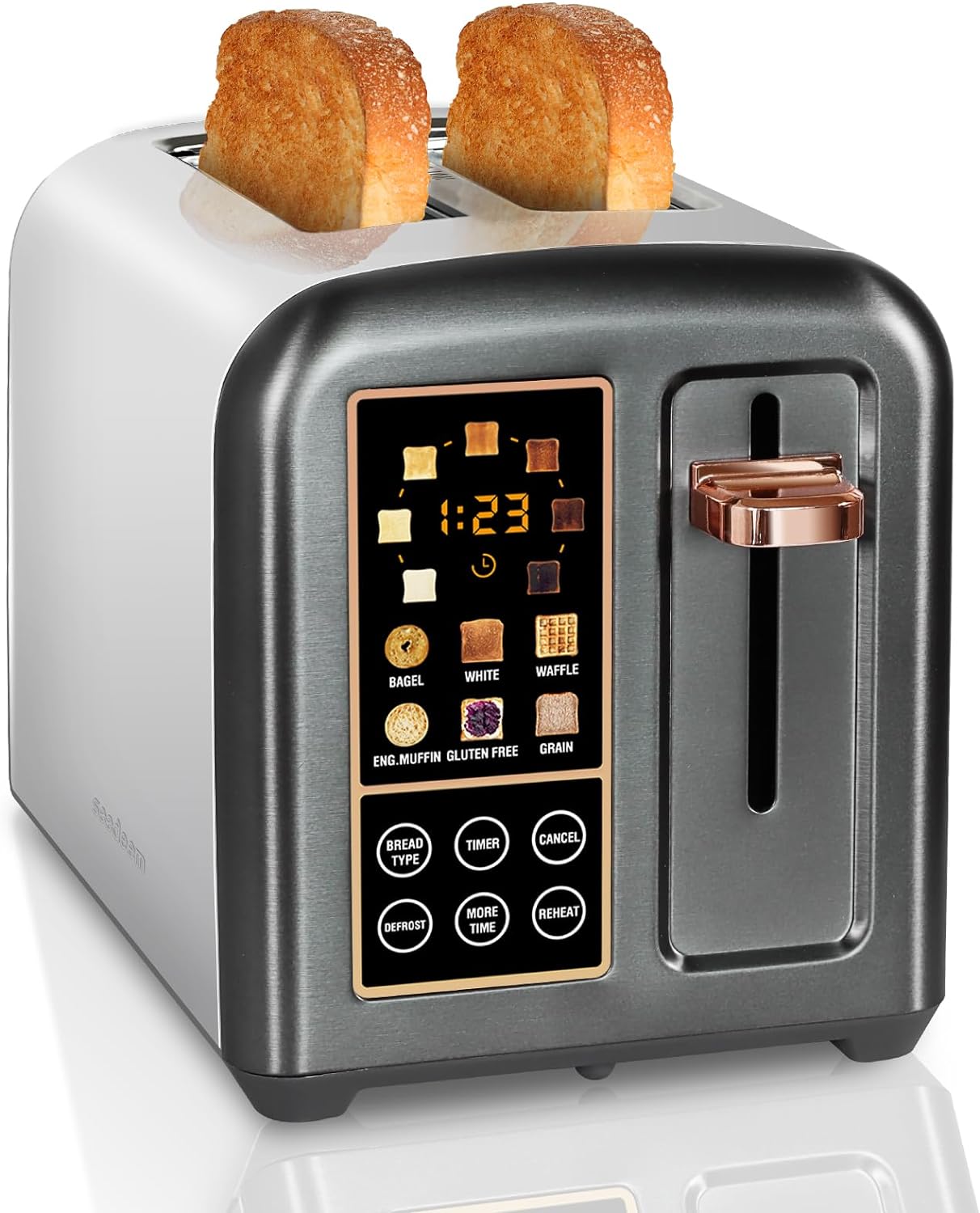 SEEDEEM Toaster 2 Slice, Stainless Steel Bread Toaster with LCD Display and Touch Buttons, 50% Faster Heating Speed, 6 Bread Selection, 7 Shade Settings, 1.5Wide Slots Toaster with Cancel/Defrost/Reheat Functions, Removable Crumb Tray, 1350W, Dark Metallic