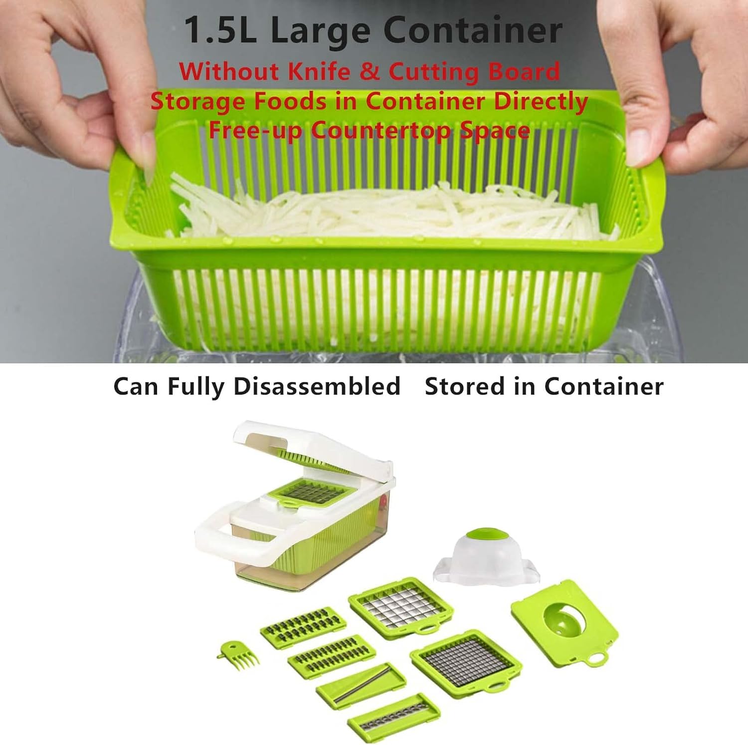 Vegetable Chopper with Container, Cheese Grater Dicer Mandoline Slicer Cabbage Shredder French Fry Cutter Stainless Steel for Veggie Onion Potato Fruit Food, Manual Hand Cooking Gadget for Kitchen