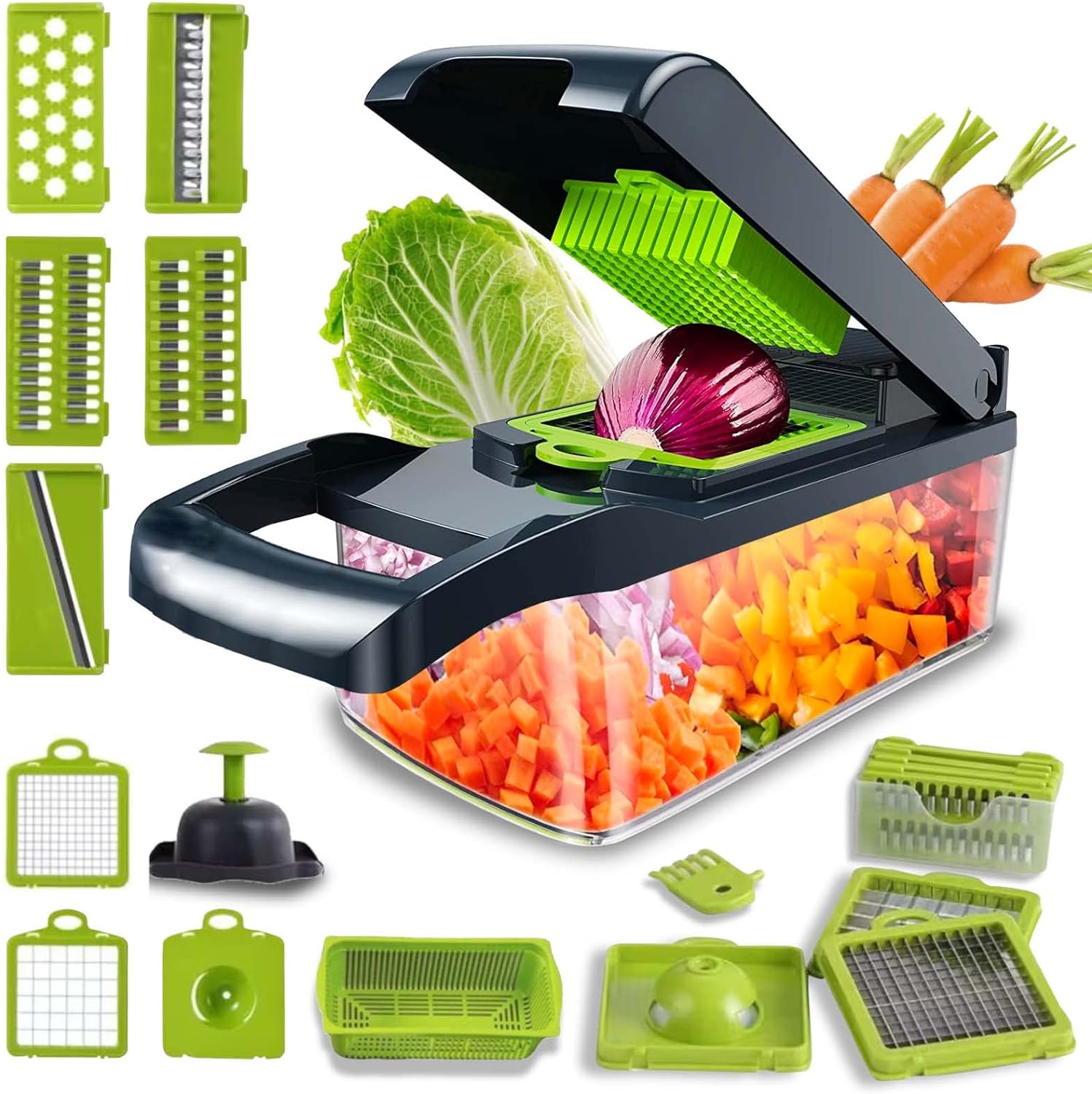 Vegetable Chopper with Container, Cheese Grater Dicer Mandoline Slicer Cabbage Shredder French Fry Cutter Stainless Steel for Veggie Onion Potato Fruit Food, Manual Hand Cooking Gadget for Kitchen