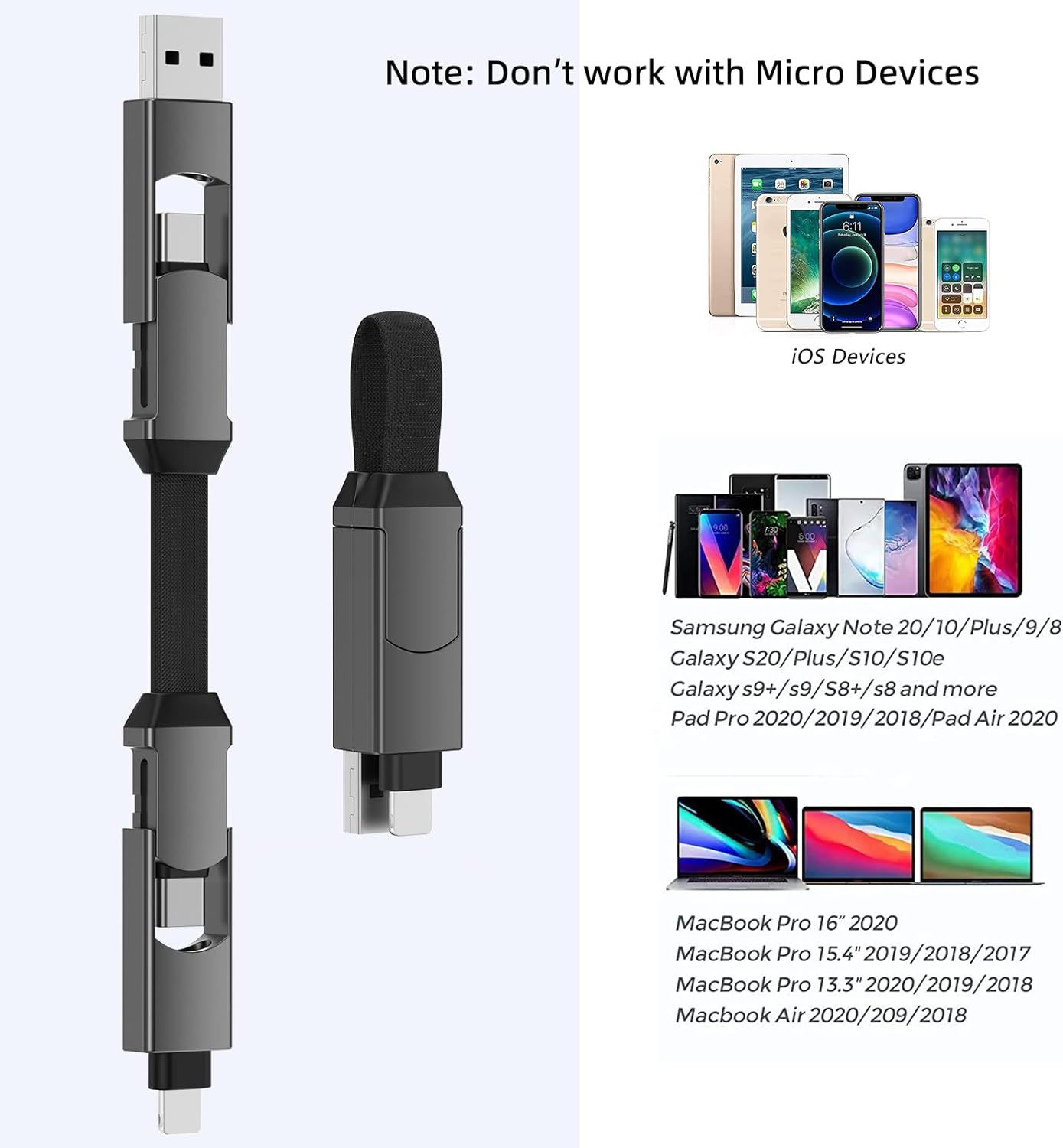 2PACK USB C Cable 60W, 4 in 1 Multi Charging Cable for Travel Zinc Alloy Magnetic Keychain EDC Fast Charger Dual Type C/Lighting Connectors for Portable Charger MacBook Phones iPad Gift