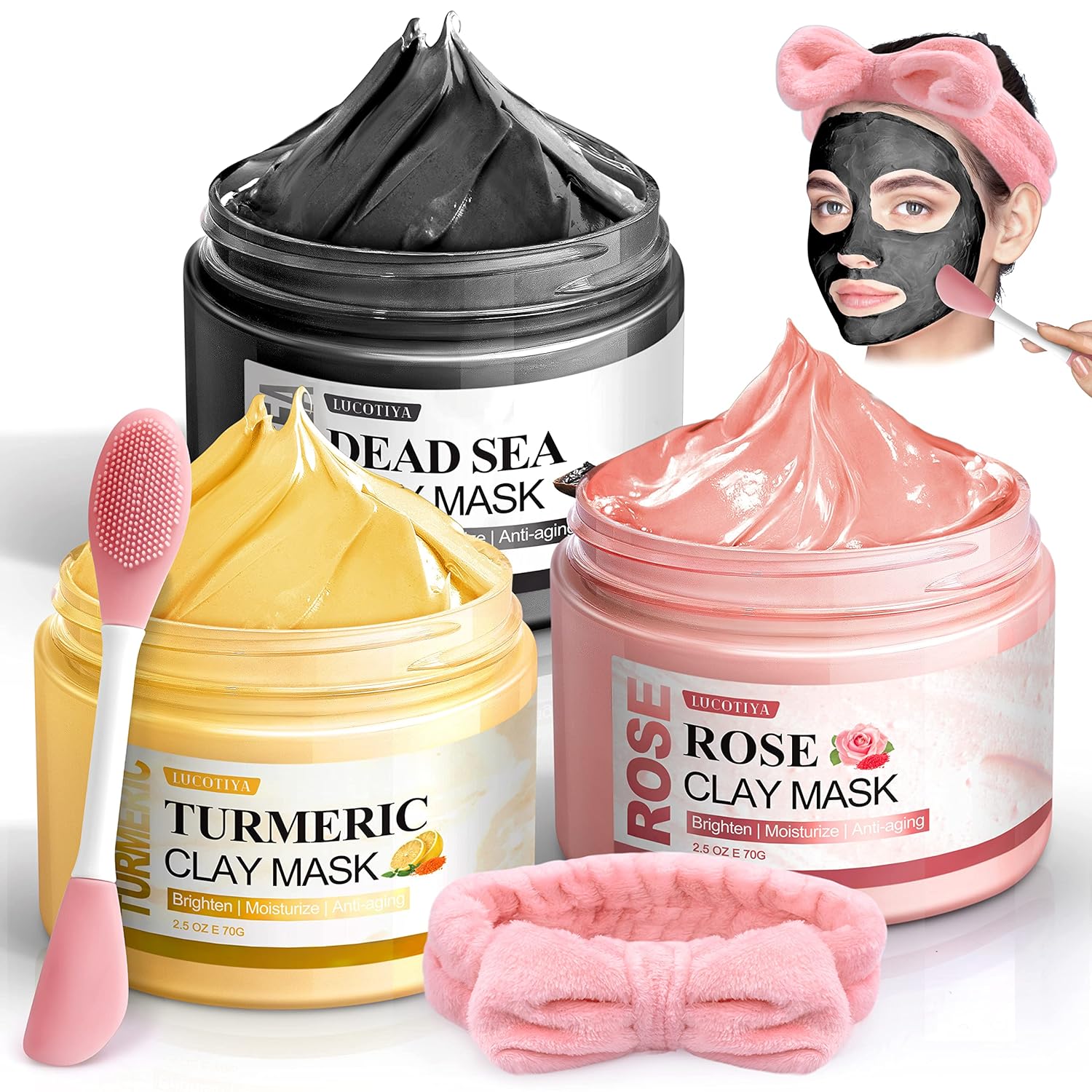 5 Pcs Face Mask Skin Care Set for Deep Pore Cleansing Turmeric Vitamin C Clay Mask, Dead Sea Mud Mask, Rose Clay Mask for Face Masks Skincare Personal Skin Care Products Gifts Headbands for Women