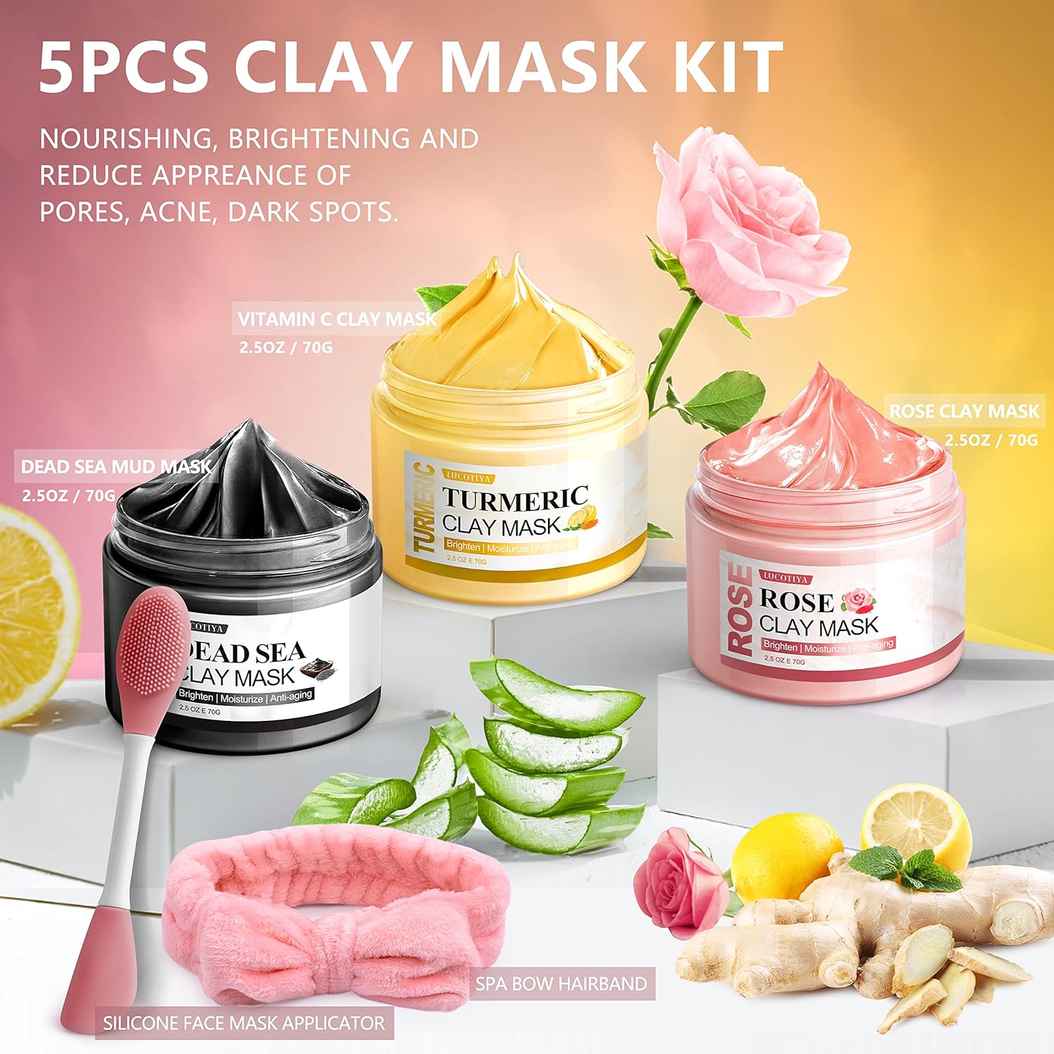5 Pcs Face Mask Skin Care Set for Deep Pore Cleansing Turmeric Vitamin C Clay Mask, Dead Sea Mud Mask, Rose Clay Mask for Face Masks Skincare Personal Skin Care Products Gifts Headbands for Women