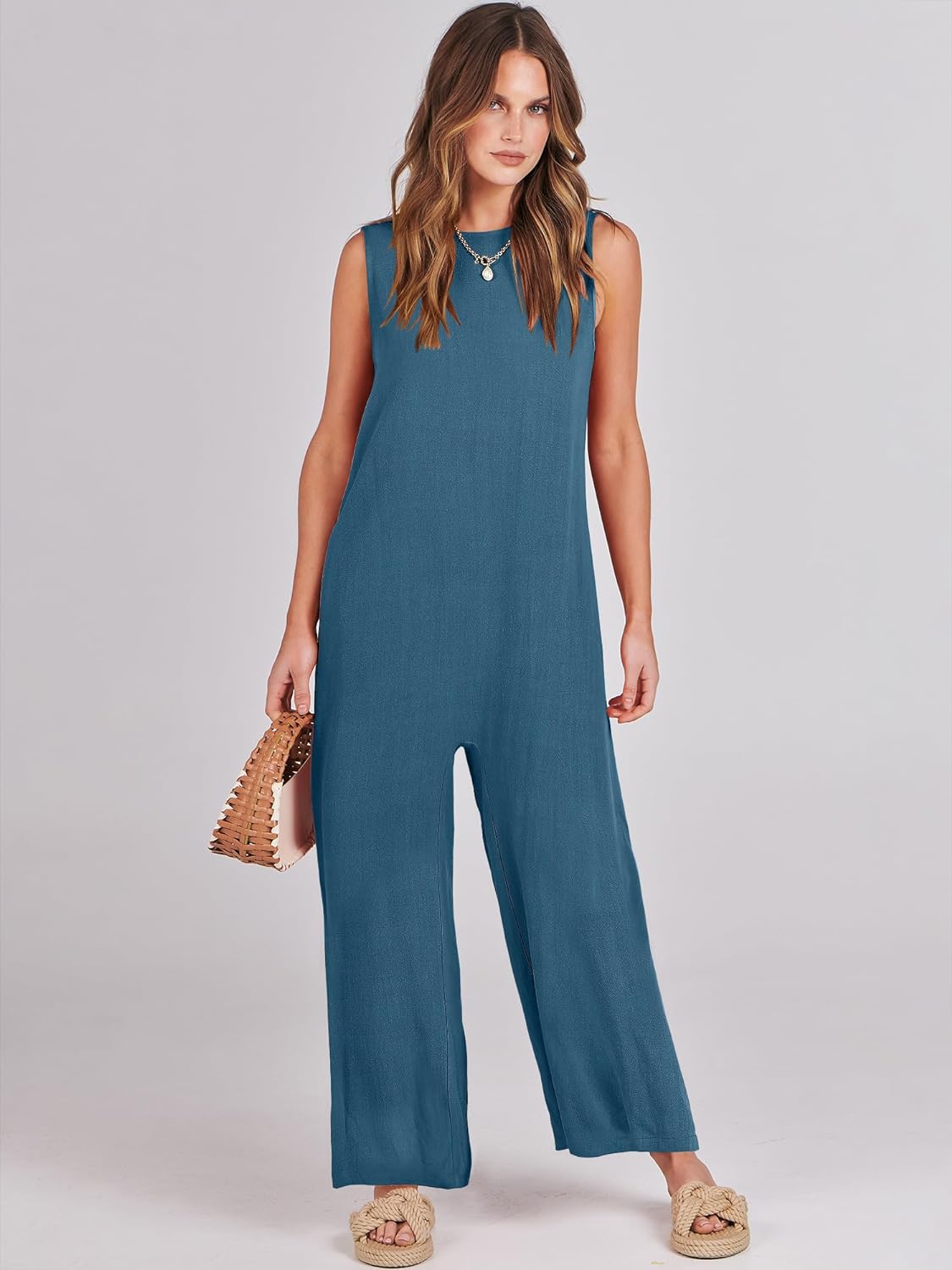 ANRABESS Womens Summer Casual Sleeveless Jumpsuit Loose Wide Leg Long Pants Romper with Pockets 2023