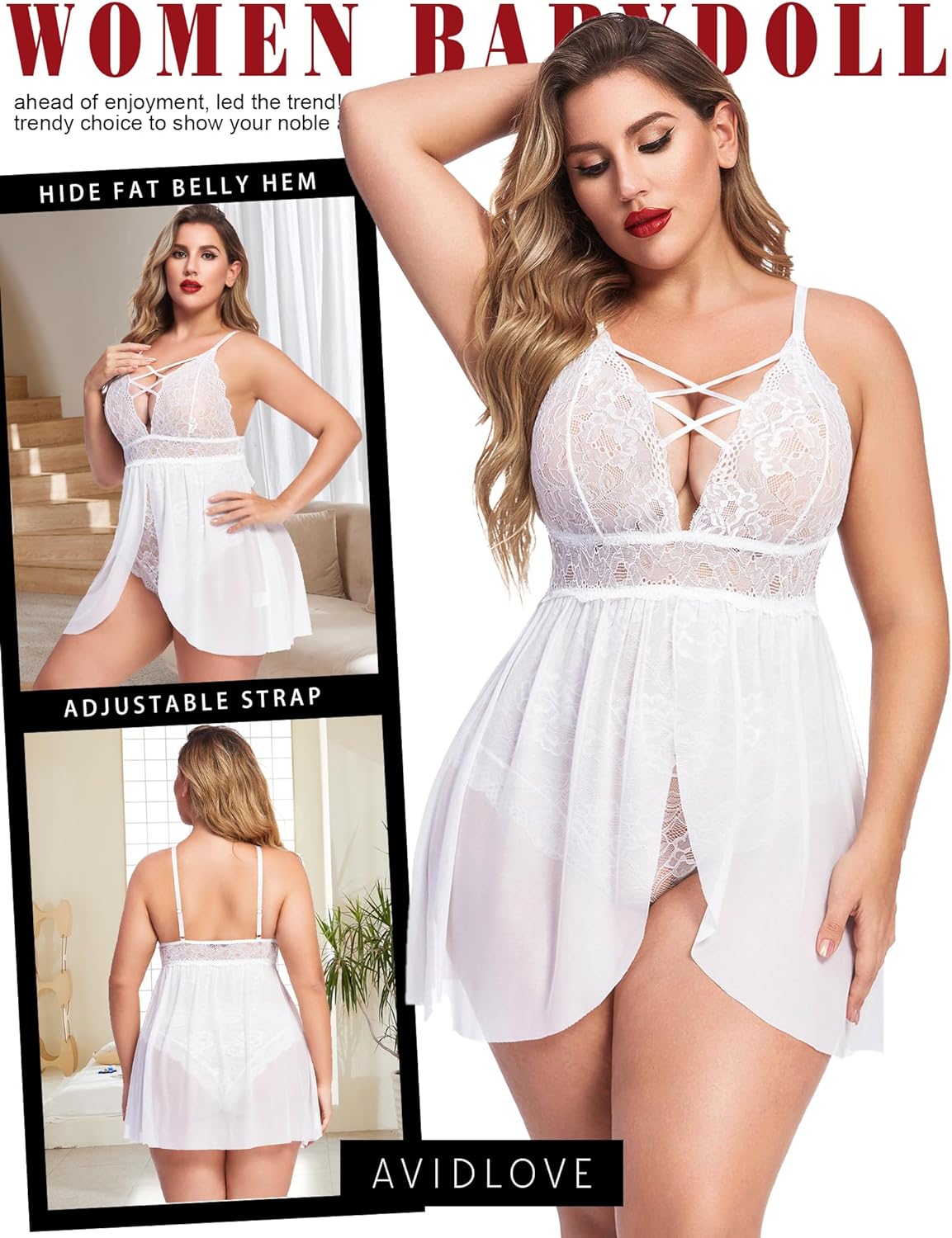 Avidlove Plus Size Babydoll Womens Snap Crotch Lingerie V Neck Lace Nighty Sleepwear L-5XL