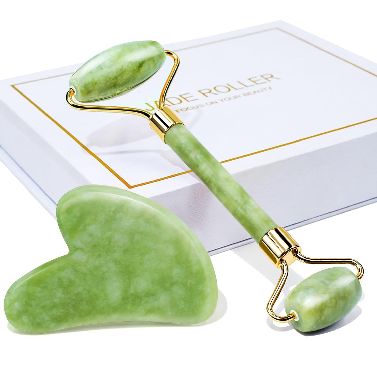 BAIMEI Gua Sha  Jade Roller Facial Tools Face Roller and Gua Sha Set for Skin Care Routine and Puffiness, Self Care Gift for Men Women - Green