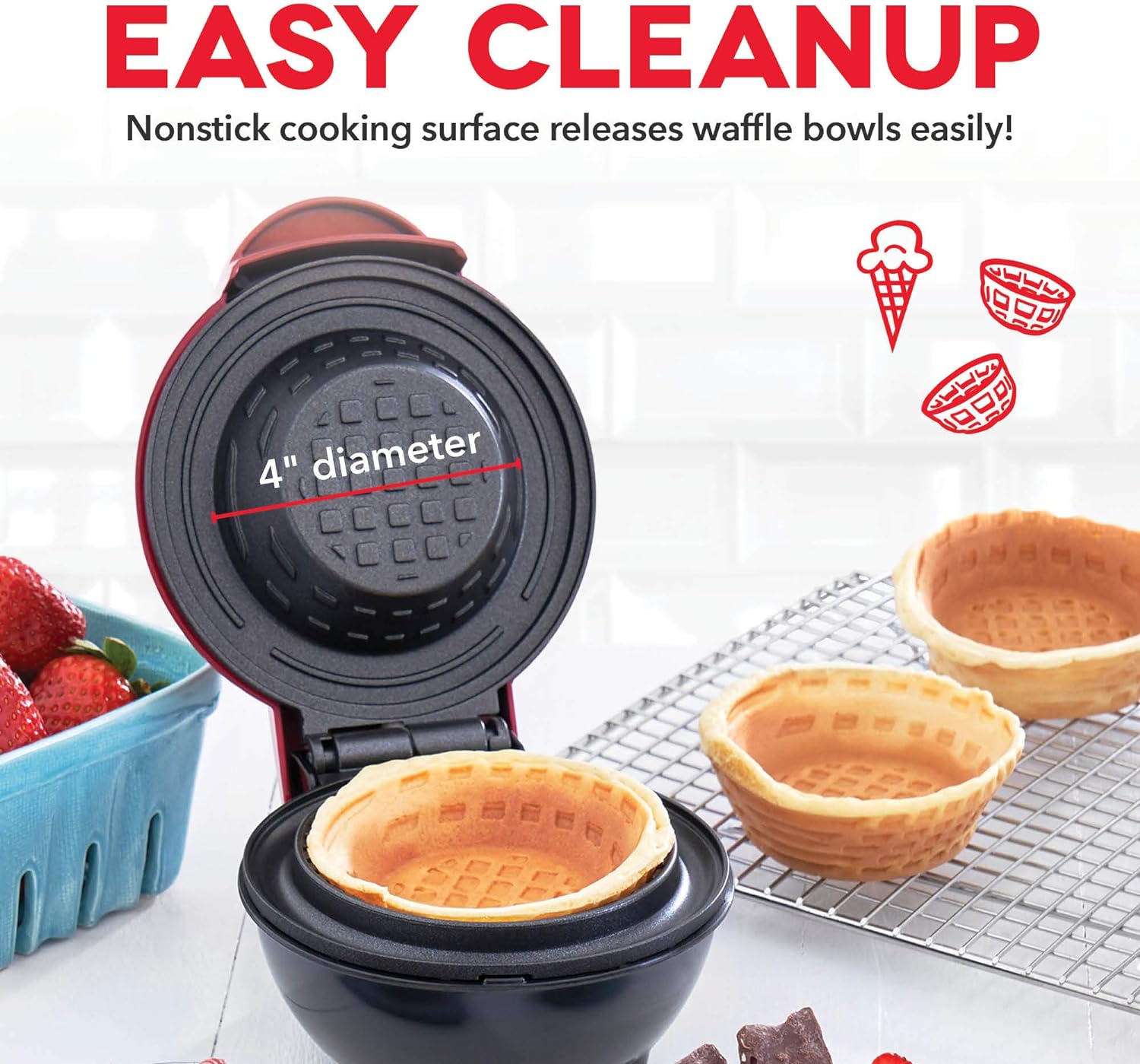 Dash Mini Waffle Bowl Maker for Breakfast, Burrito Bowls, Ice Cream and Other Sweet Desserts, Recipe Guide Included - Red