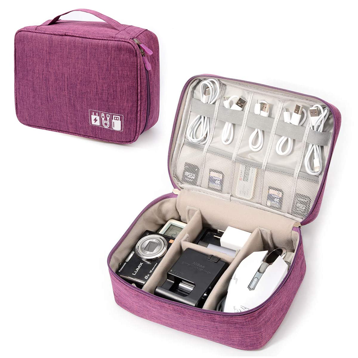 Electronic Organizer Travel Universal Cable Organizer Electronics Accessories Storage Bag Gadget Gear Cases for iPad Mini, Kindle, Smartphone, Cable, Charger, Power Bank, USB, SD Card (Purple)
