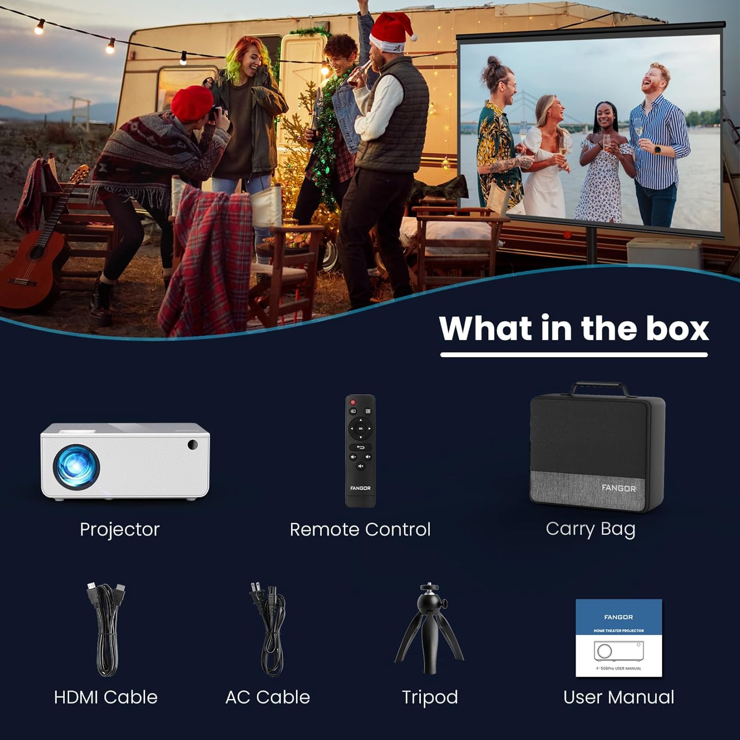 FANGOR 1080P HD Projector, WiFi Bluetooth Projectors, Max 230”Projection Screen Portable Home Theater Video Movie Proyector With Tripod, Compatible with HDMI, USB, Laptop, iOS  Android Phone