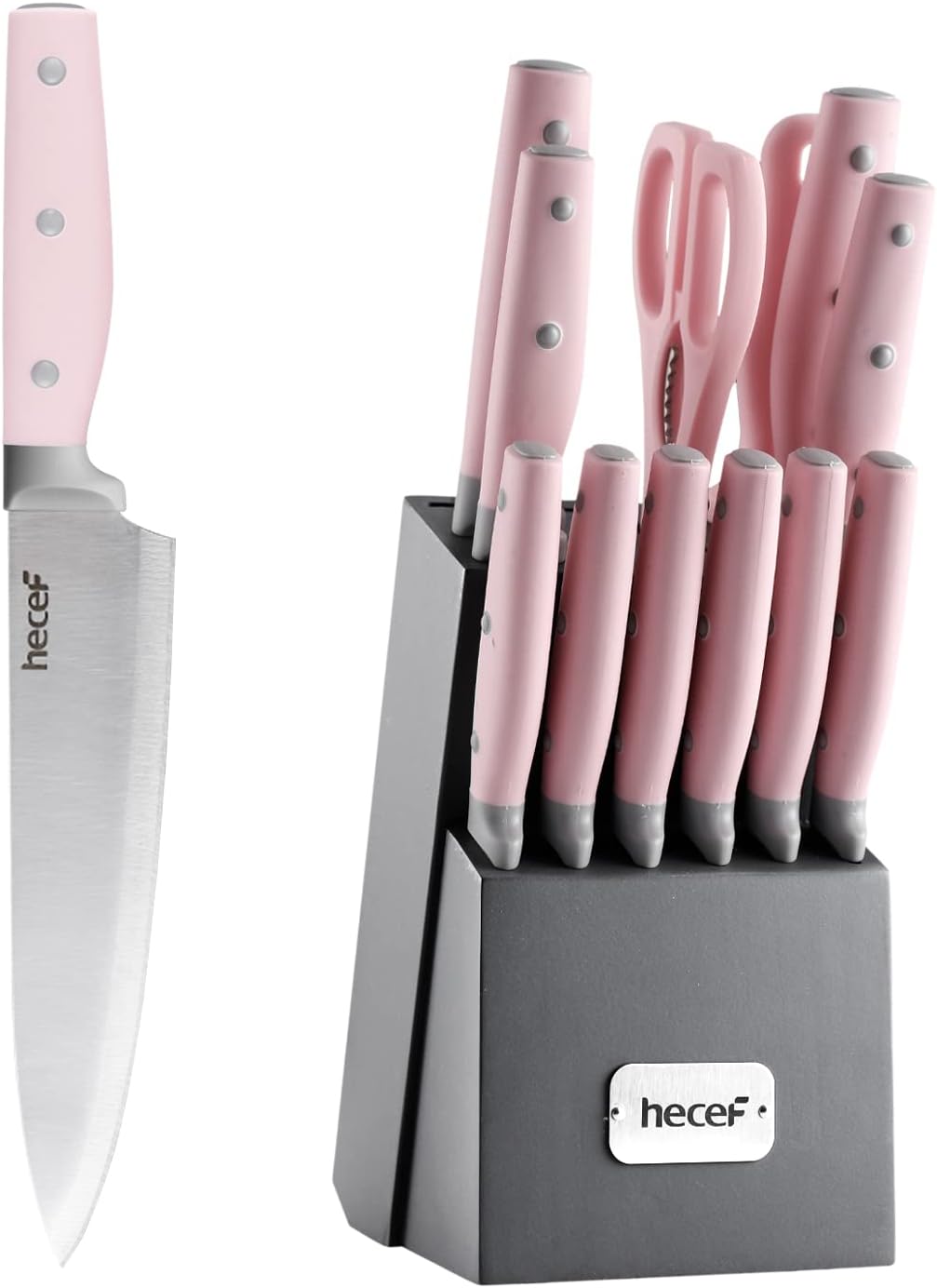 hecef Kitchen Knife Block Set, 14 Pieces Set with Wooden Block  Sharpener Steel  All-purpose Scissors, High Carbon Stainless Steel Cutlery Set, Mothers Day Gift Housewarming Birthday (Pink)