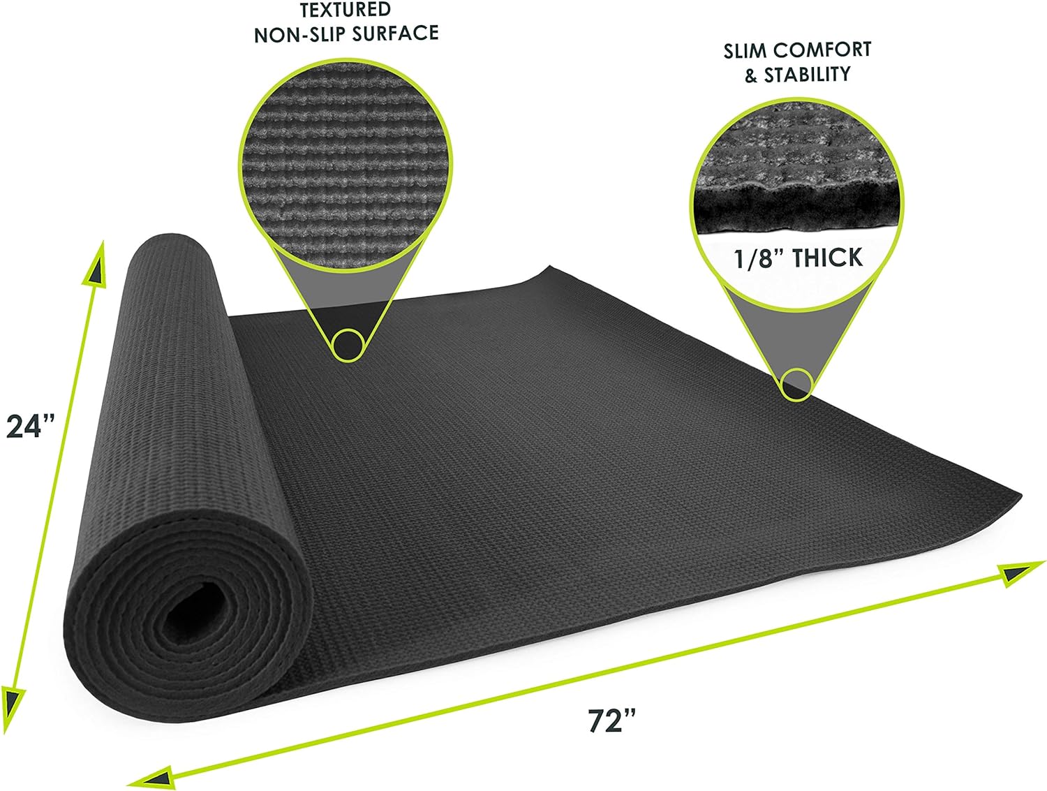 ProsourceFit Classic Yoga Mat 1/8” (3mm) Thick, Extra Long 72-Inch Lightweight Fitness Mat with Non-Slip Grip for Yoga, Pilates, Exercise