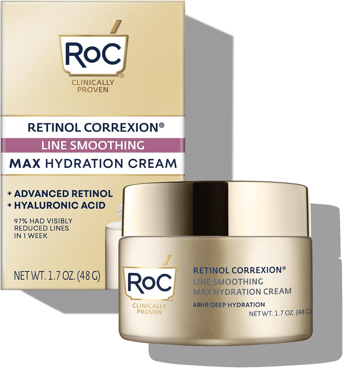RoC Retinol Correxion Max Daily Hydration Anti-Aging Face Moisturizer with Hyaluronic Acid, Treat Fine Lines, Dark Spots, Post-Acne Scars, Oil Free, Stocking Stuffers, 1.7 Ounces (Packaging May Vary)