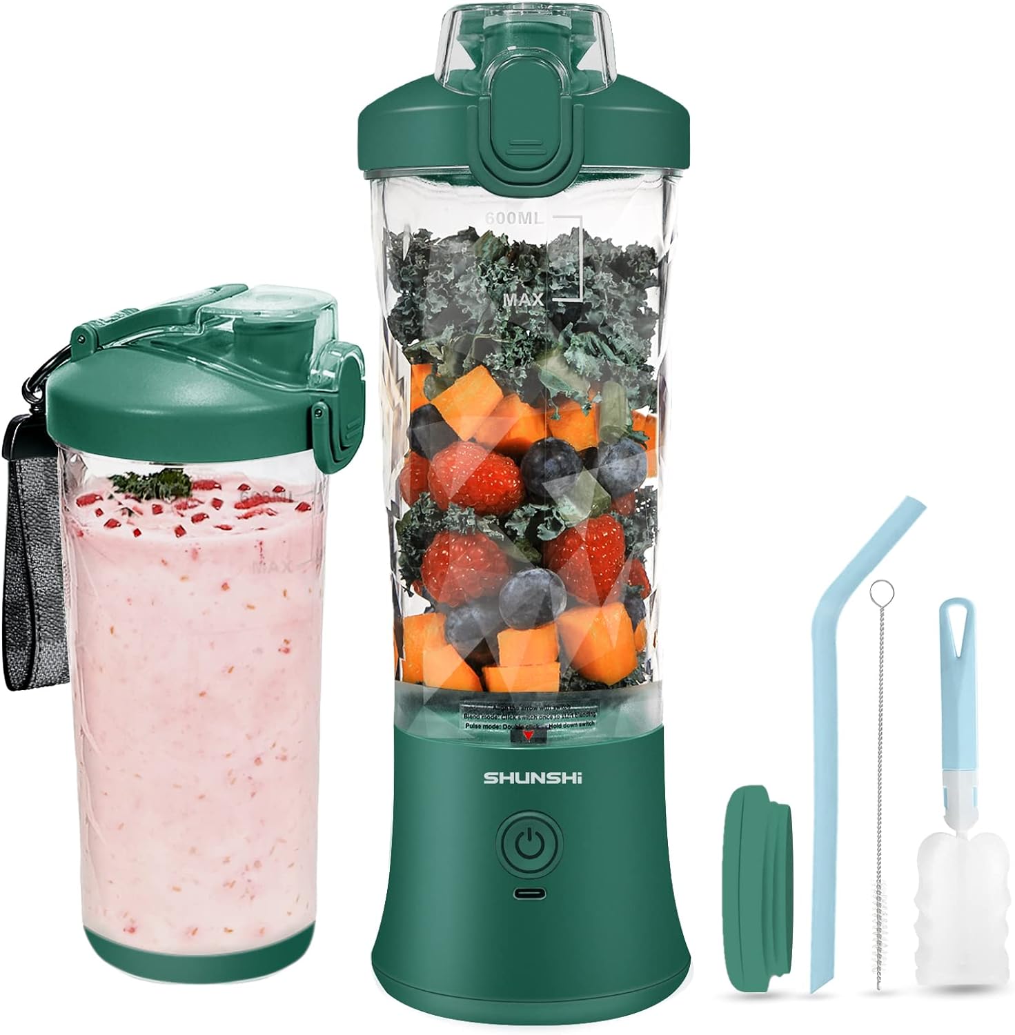 SHUNSHI Portable Blender 20 Oz, Personal Size Blender for Shakes and Smoothies with 6 Blades, Mini Small Smoothie Blender Bottles for Kitchen, Home, Travel, Sports (Green)