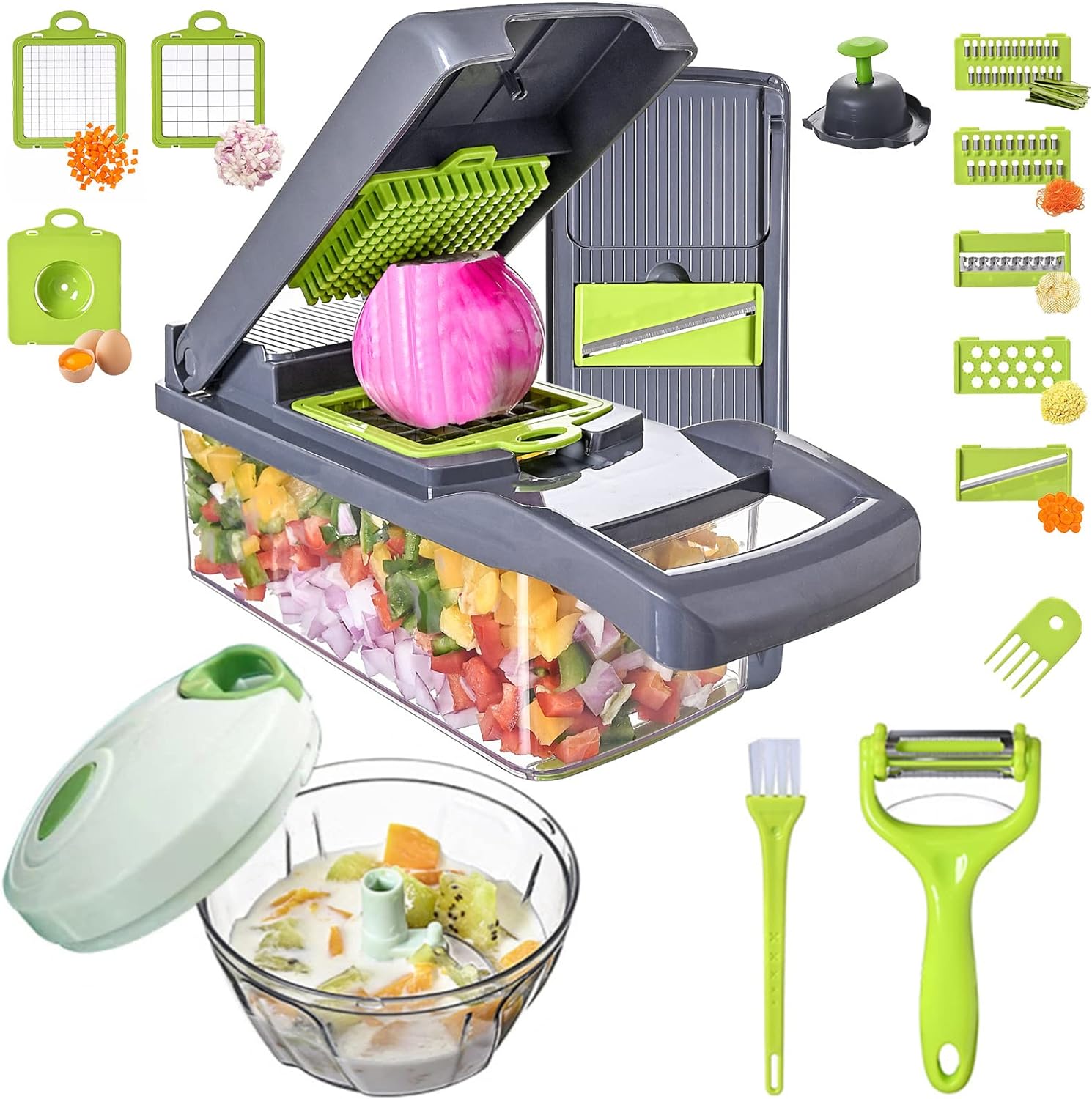 Vegetable Chopper Slicer 16-in-1 with Spice Chopper Set 7 Blades Veggie Dicer Onion Fruit Cutter (gray set)