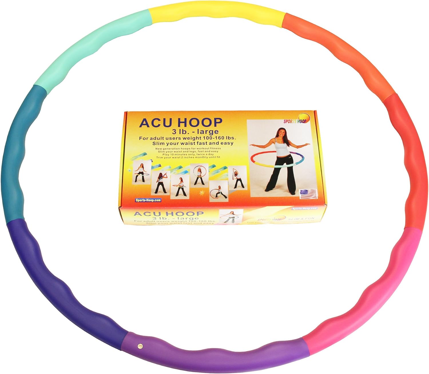 Weighted Hula Hoop, ACU Hoop 3L - 3.3 lb Large, Weight Loss Fitness Workout Sports Hoop with ridges. (Rainbow Colors)