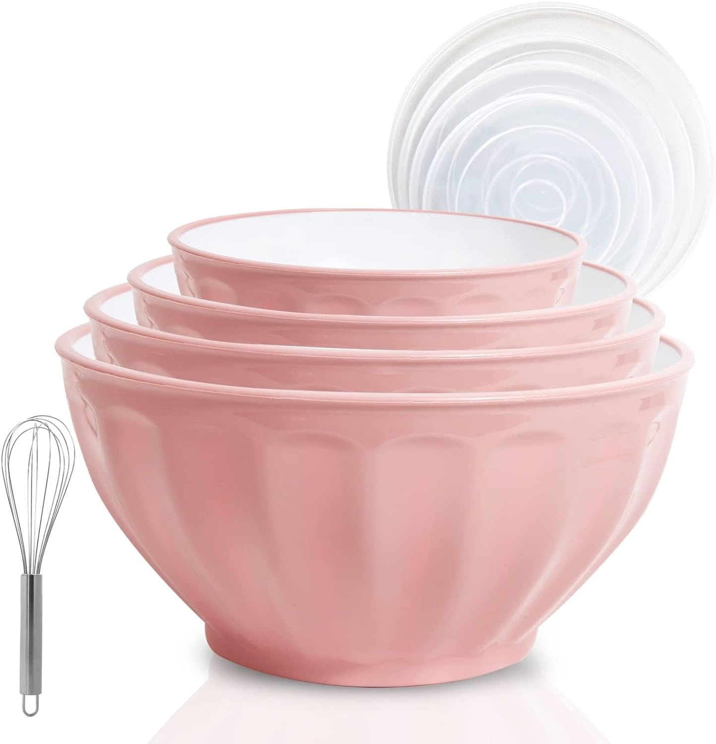 JCXivan Mixing Bowls with Lids Set,4 Piece Large Plastic Nesting Mixing Bowls,Includes 4 Microwave safe Mixing Bowl and An Egg Whisk for Kitchen Prepping,Baking,Cooking Food, Pink