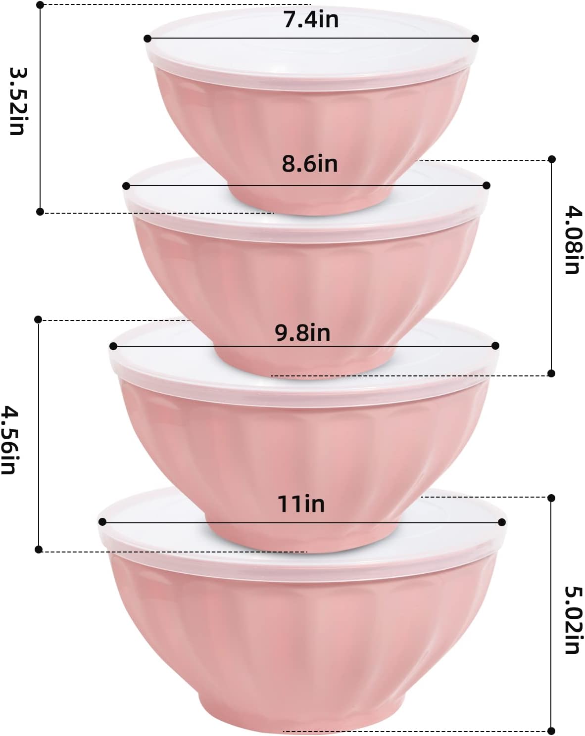 JCXivan Mixing Bowls with Lids Set,4 Piece Large Plastic Nesting Mixing Bowls,Includes 4 Microwave safe Mixing Bowl and An Egg Whisk for Kitchen Prepping,Baking,Cooking Food, Pink