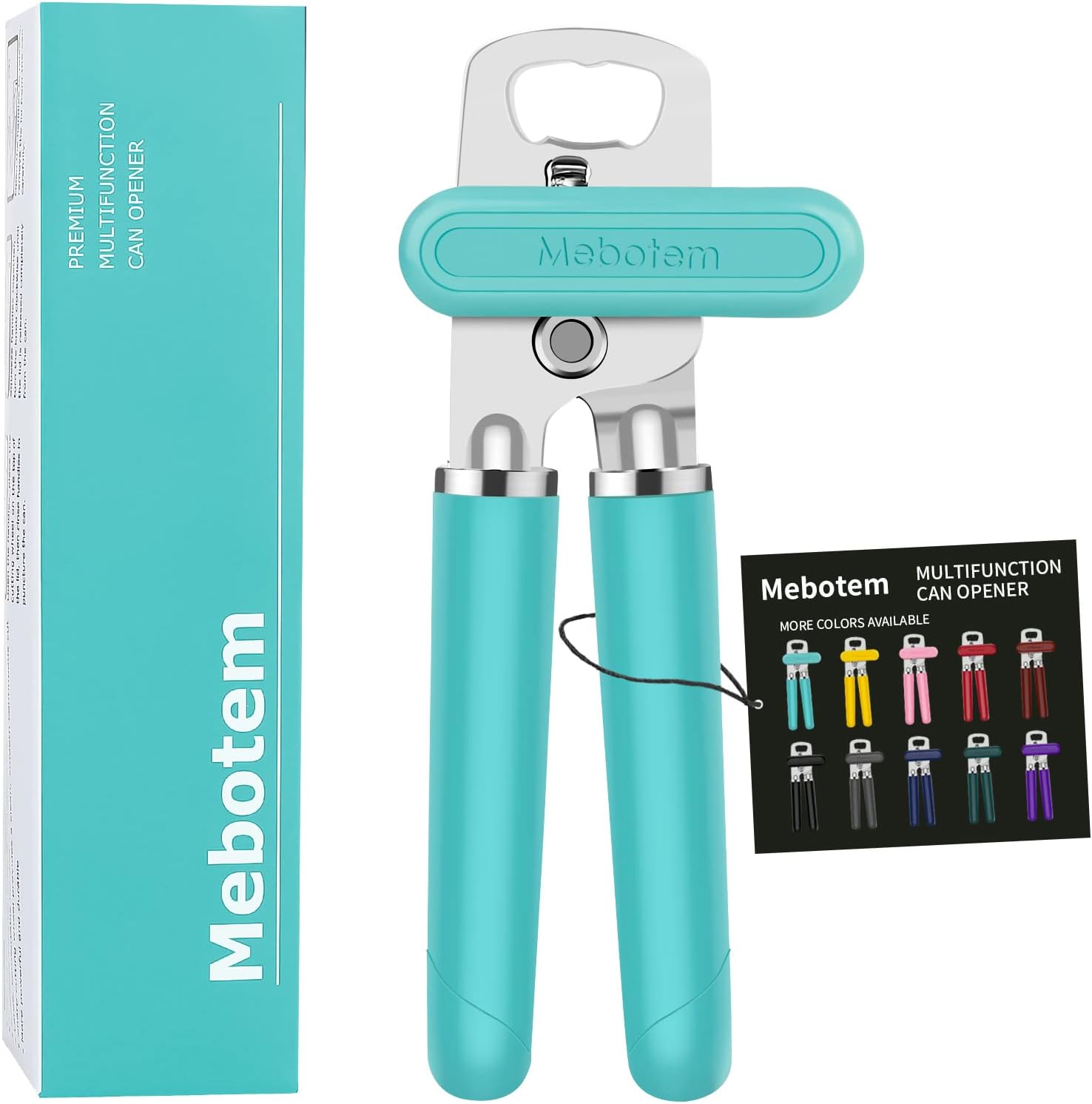 Mebotem 10 Colors Can Opener Manual Handheld Heavy Duty Hand Can Opener Smooth Edge Stainless Steel Can Openers Top Lid Kitchen Gadgets, Best Large Rated Easy Turn Knob, with Bottle Opener, Aqua Sky