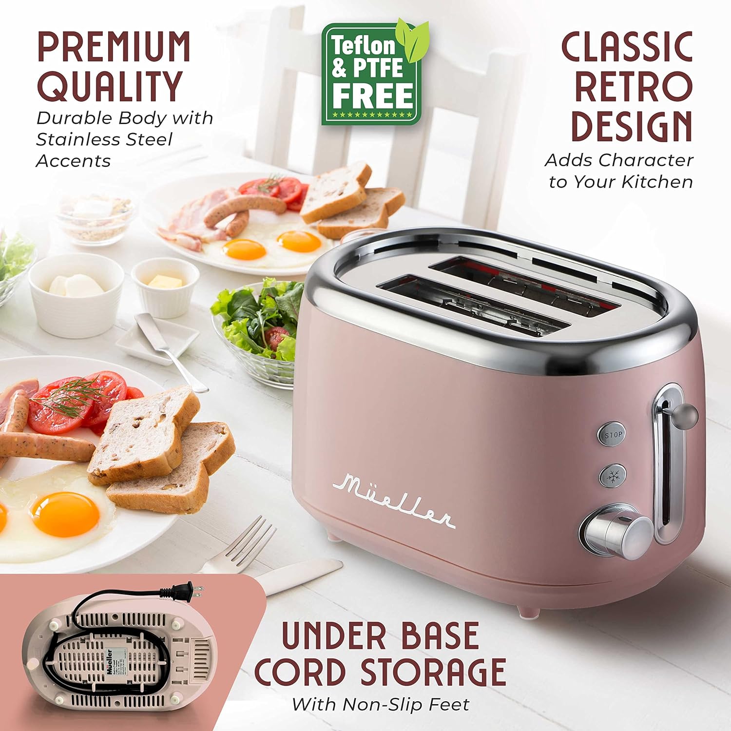 Mueller Retro Toaster 2 Slice with 7 Browning Levels and 3 Functions: Reheat, Defrost  Cancel, Stainless Steel Features, Removable Crumb Tray, Under Base Cord Storage, Pink