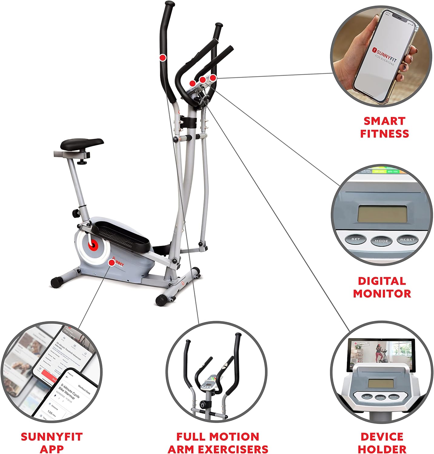 Sunny Health  Fitness Essential Magnetic Resistance 2-in-1 Cross Trainer Elliptical Bike, with Digital Performance Monitor, Optional Bluetooth with Exclusive SunnyFit® App
