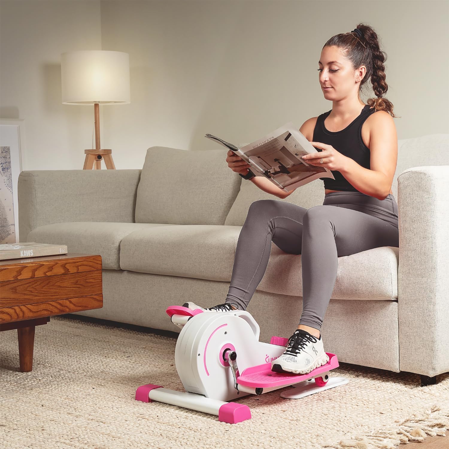 Sunny Health  Fitness Fully Assembled Magnetic Under Desk Elliptical Peddler, Portable Foot  Leg Pedal Exerciser (White/Pink)