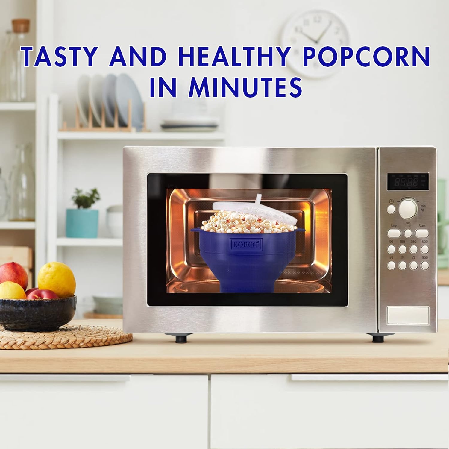 The Original Korcci Microwaveable Silicone Popcorn Popper, BPA Free Microwave Popcorn Popper, Collapsible Microwave Popcorn Maker Bowl, Use In Microwave, Dishwasher Safe (Light Blue)